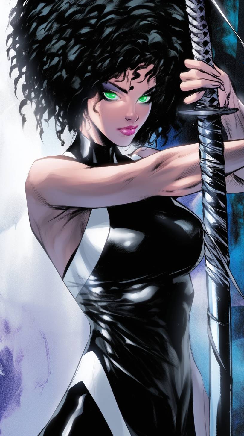 An afro girl with green eyes holding a katana in Frank Miller's Sin City style, presented in black and white comic-noir aesthetics, film noir atmosphere, high contrast, duotone, shiny eyes, captivating gaze, foreshortening techniques, sharp angles