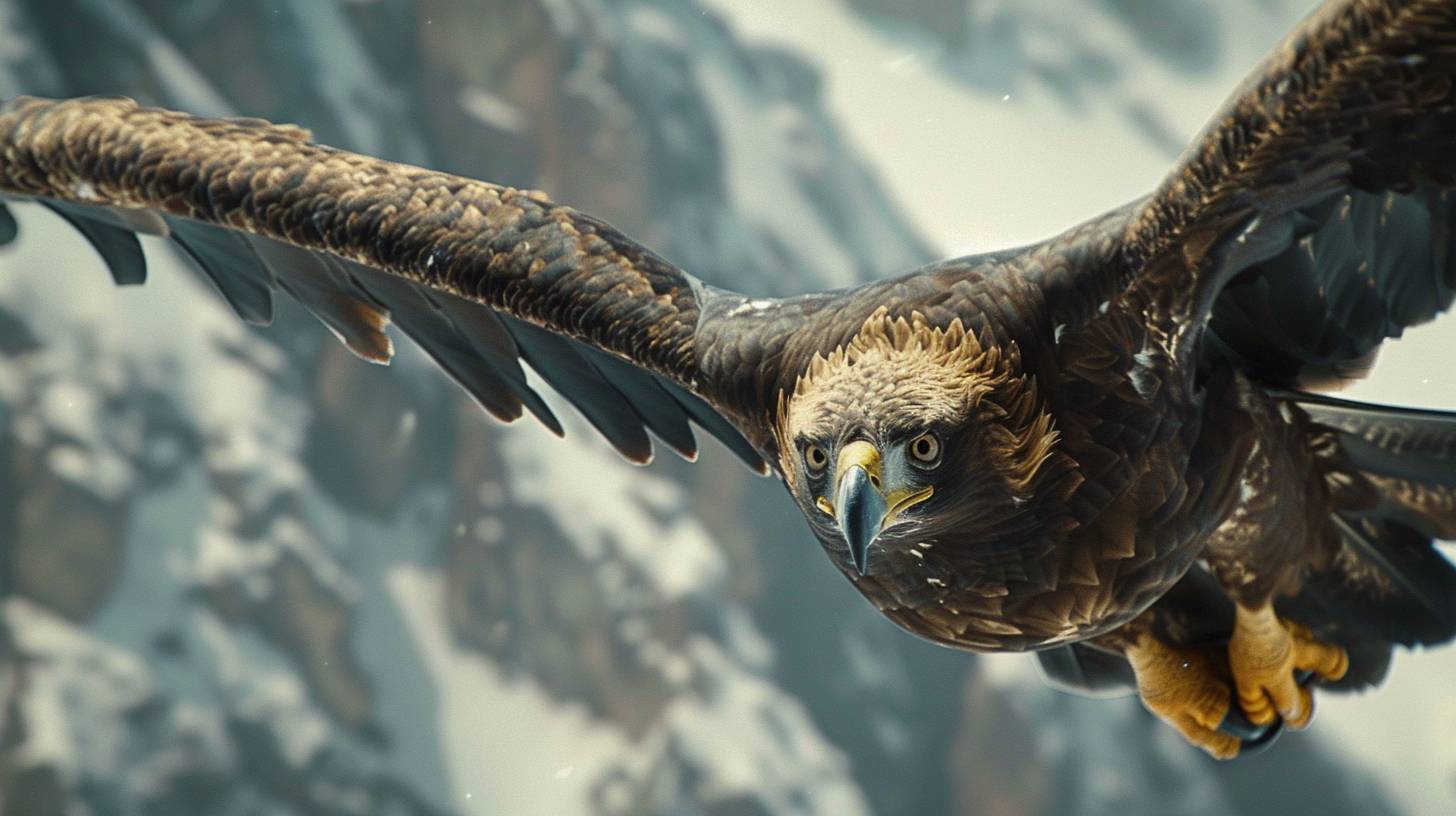 Close-up of an eagle in flight with wings spread, piercing eyes, sharp talons, in a mountainous region, dramatic lighting, cinematic photography style, captured with a high-resolution film camera.