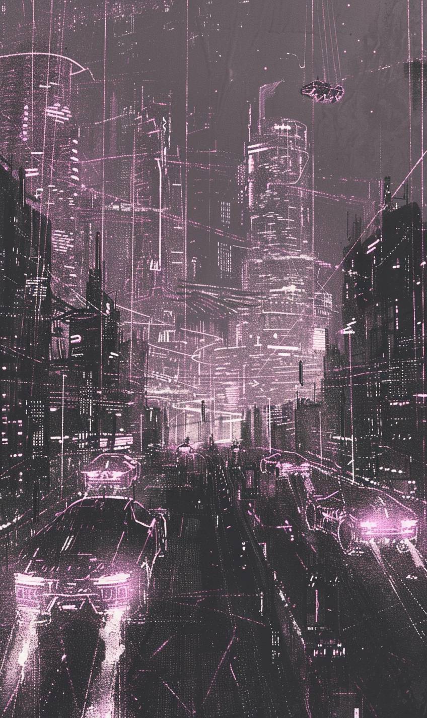 Night scene of a futuristic city, towering skyscrapers and flashing neon lights, flying cars zipping through the sky