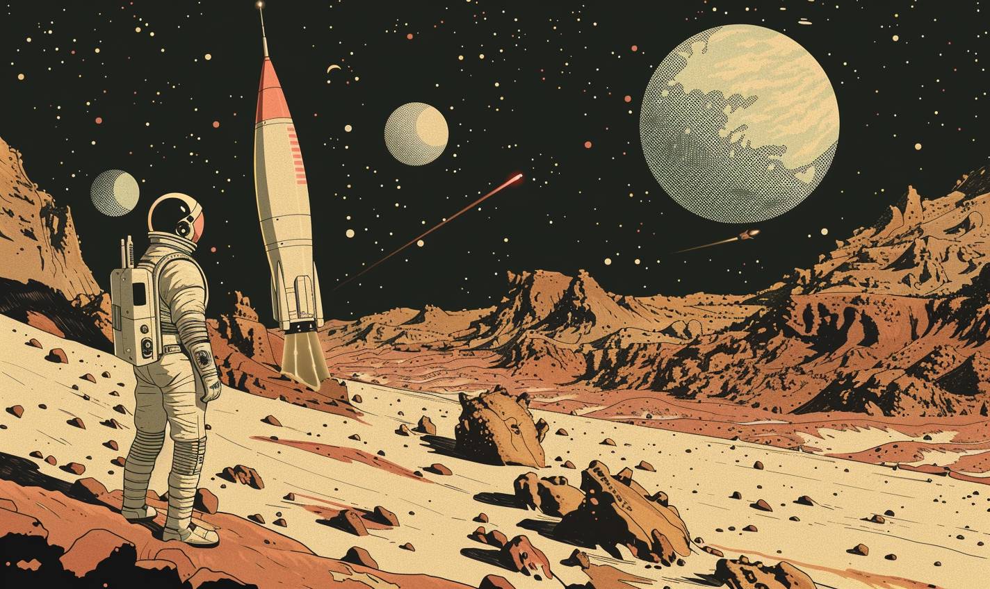 In the style of Adrian Tomine, a space explorer discovers a new galaxy