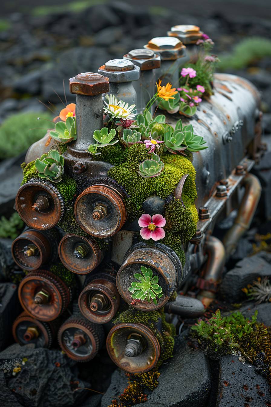 Shiny engine made of aluminum. Engine is filled with moss and flowers, grass sprouting.