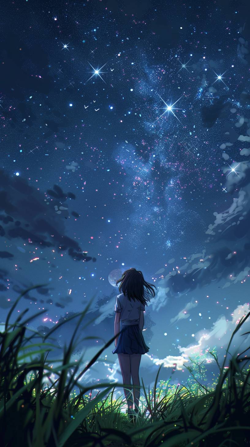 Studio Ghibli style, epic, kawaii, a girl looking up to the sky, in the grassland, teenager, night.