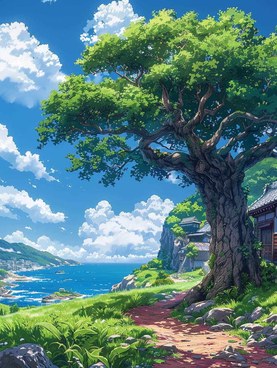 A big tree on the island, there was an old house under it. There was also grass and small paths leading to sandy beaches, with blue sea water in front of them. The sky above was bright and sunny, creating a beautiful scenery that would make people feel relaxed or happy. High resolution artwork in the style of Miyazaki Hayao. Green trees, brown houses, Blue ocean, White clouds, Red path around green meadow.