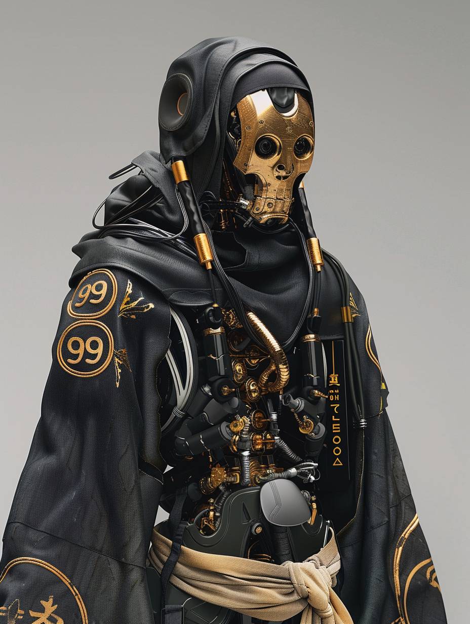 Hybridization of a human and a robot fruit exotic head with metallic bone structure with multi-color matte powder coating, the clothing of the character is dressed like a monk, in a new Asian style, with several embroidered patches in black with gold threading and the number "99"