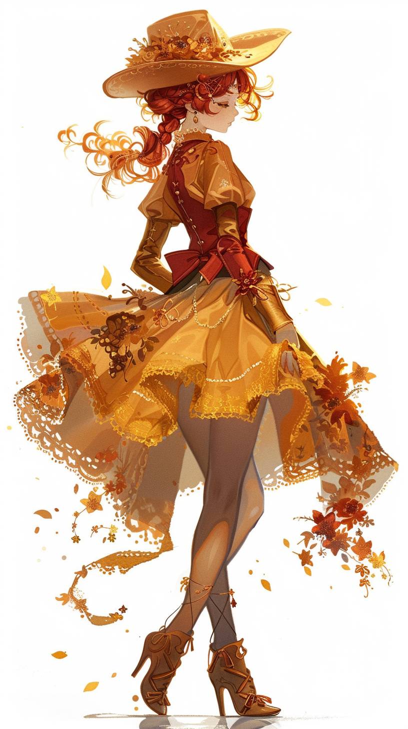 A beautiful anime cartoon character, walking gracefully, wearing a stylish hat, in a fairytale setting, in the style of anime illustration, gold and red, white background