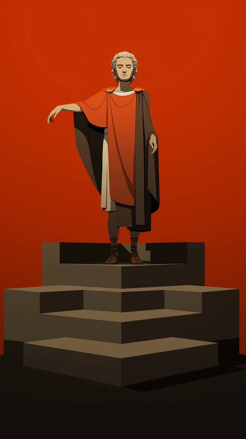 Julius Caesar is portrayed in the style of timeless mythology, Hellenistic art, with dark crimson and white as the main colors, heavy lines, high contrast, and duotone
