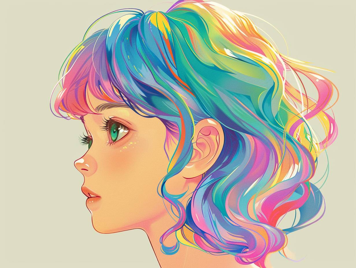 カラフルな髪の色をした女子高生のイラスト、アップで上半身をクローズアップしたもの、可愛く、色使いが洗練されており、シンプルな背景、スタジオジブリからのインスピレーション。