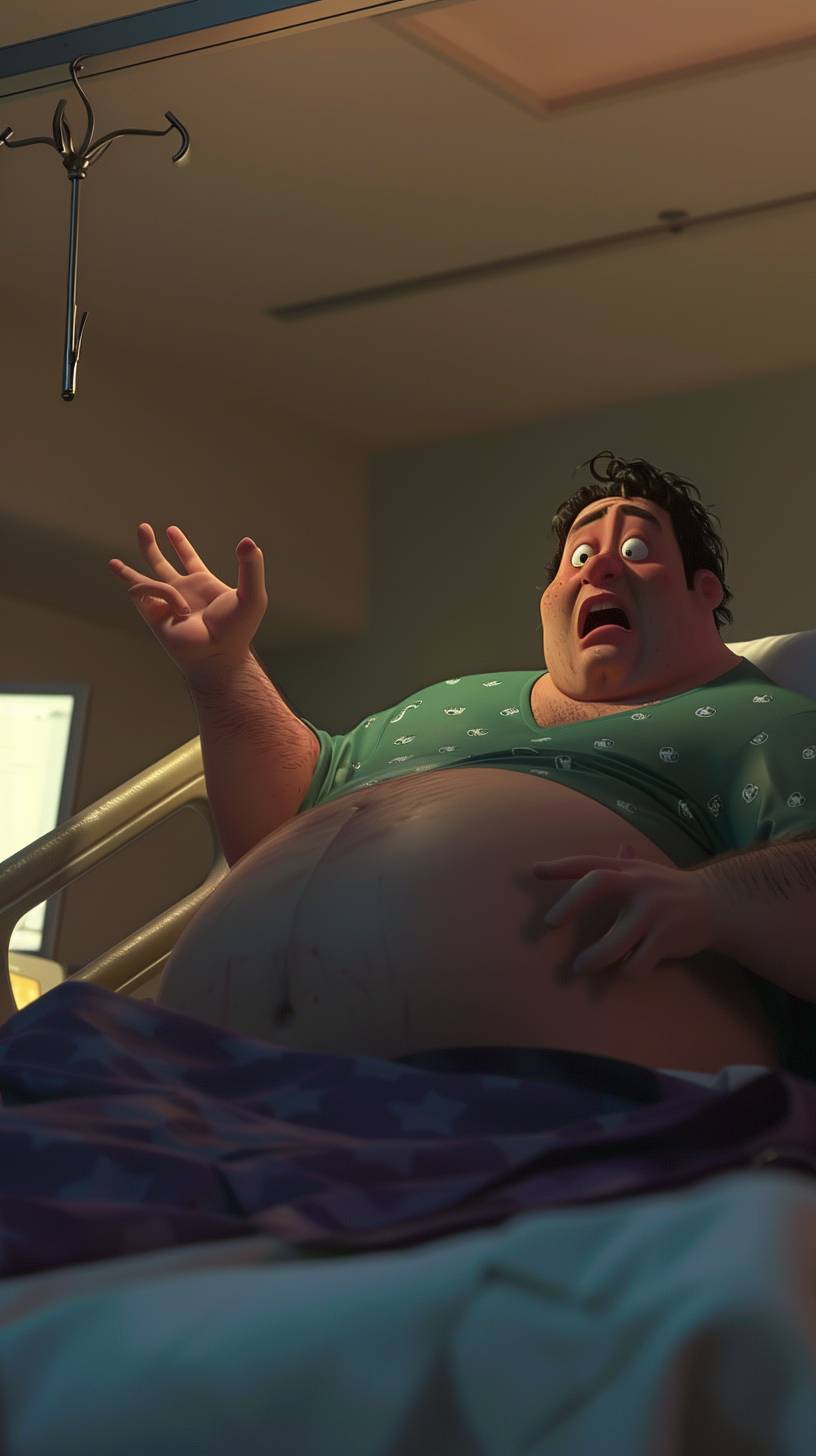 An obese man in a hospital bed talking and pointing, Pixar animation style (AR 9:16, version 6.0)