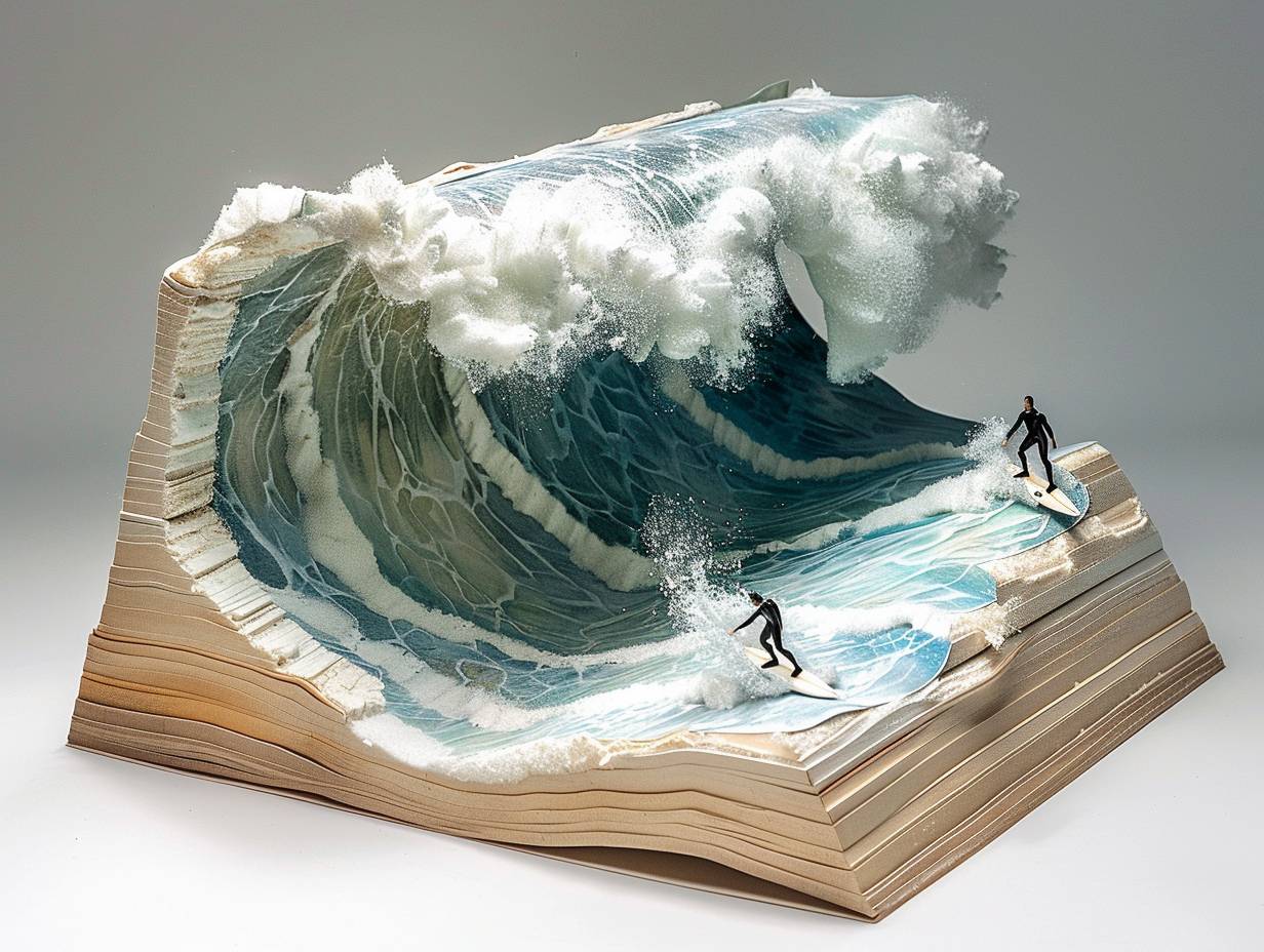 波管の形に彫られたページがあるオープンサーフィン雑誌、波を巧みにサーフィンしているサーファー、立体効果。