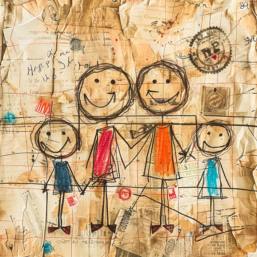 A drawing of a happy family by a 4-year-old child, on a vintage newspaper background with stamps and seals. The drawing consists of stick figures and simple shapes, done with colored pencils. The drawing is terribly drawn and not well done.