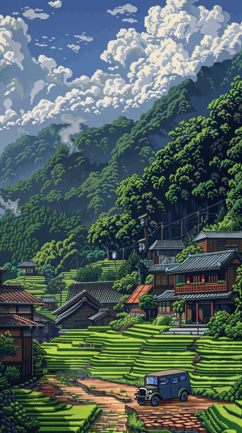 Pixel art, 64-bit graphics, 90's video game visual style, extremely detailed, retro steam car on a background of rice terraces and green hills on a cloudy summer day, beautiful clouds in the sky, vibrant colors, whimsical, magical, in the style of Ghibli, lofi art style, low angle