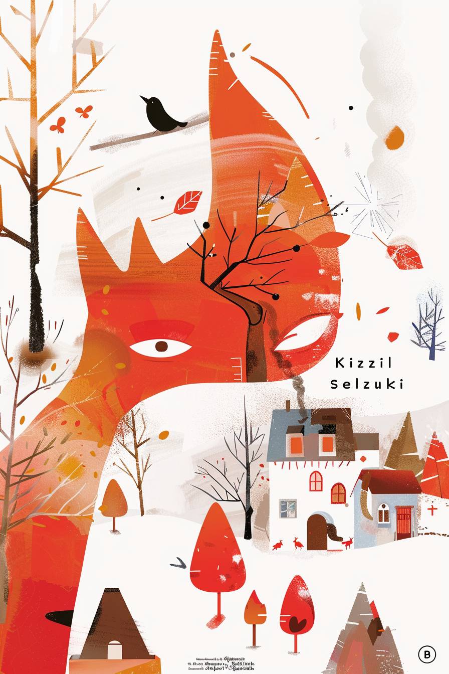 大きな文字で「Kızıl Tilki」と題された物語の表紙イラスト。タイトルは赤いキツネの鮮やかな赤色で描かれています。イラストはJon KlassenとOliver Jeffersの協力スタイルで、有機的な形態と薄くて空気のようなパステルカラーパレットが特徴です。背景は白色で、雪の降る村と森の要素が描かれ、物語の舞台を反映しています。表紙には著者の名前「Selçuk Fartlı」が記されています。柔らかく自然な照明が、優しい魅力的な雰囲気を作り出しています。