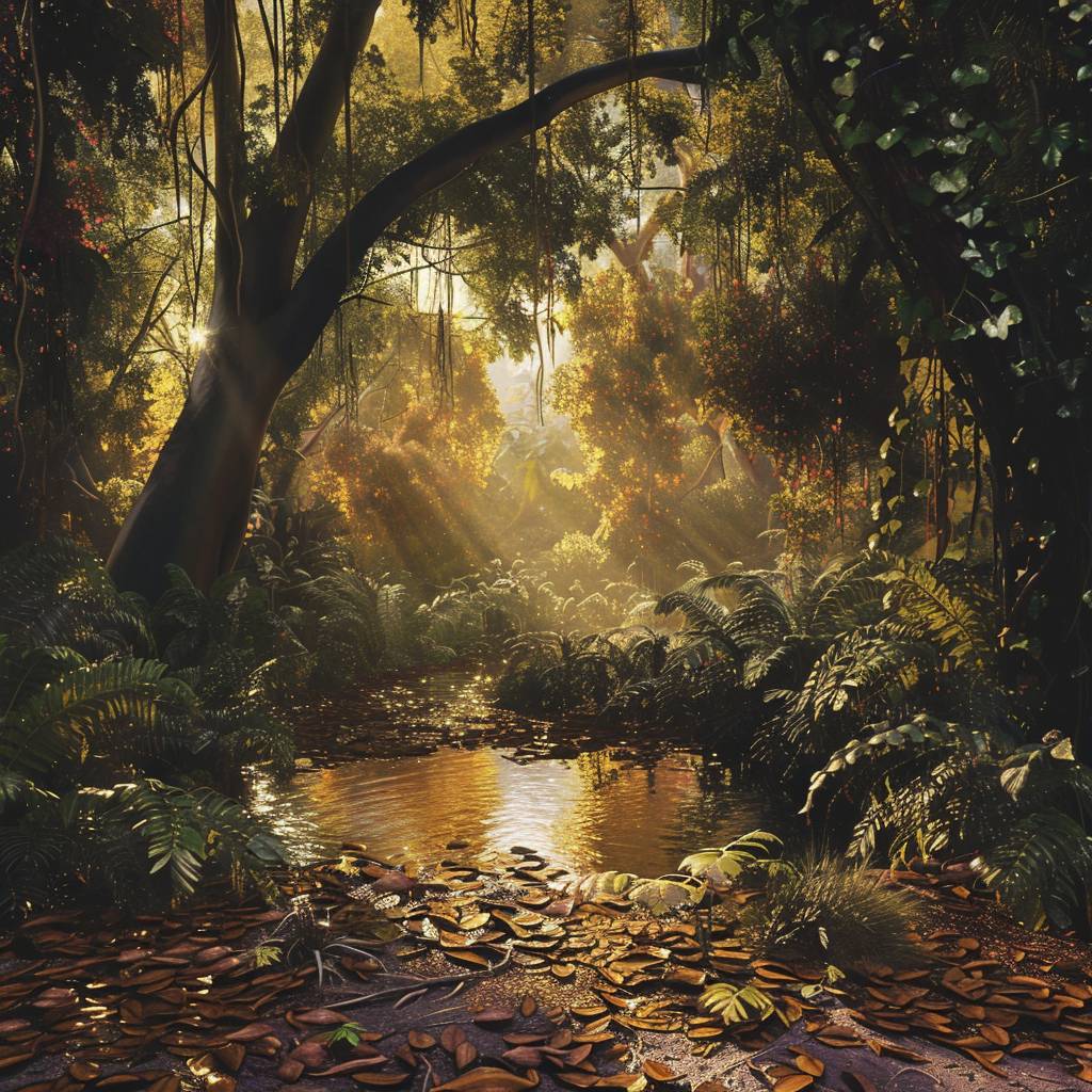 A photorealistic depiction of a dense Aztec Central American mystical forest, bathed in golden afternoon light streaming through ancient willow trees. Long, ghostly shadows are cast on the forest floor covered with fallen leaves, ferns, and small glowing electrical flowers. A magical morning stream flows through the vibrant scene, reflecting the surrounding foliage's colors and light, creating a serene and enchanting atmosphere. Sci-fi landscape, Amazon jungle, ancient civilization, cinematic, epic realism, 64K, ultra-highly detailed, lifestyle photography, candid, realistic, epic realism, portrait, ultra-high quality, hyper-realistic, long exposure lighting, spotlight, natural lighting, soft lighting, diffused, epic realism, high quality, hard lighting, backlit, dreamy vibe.
