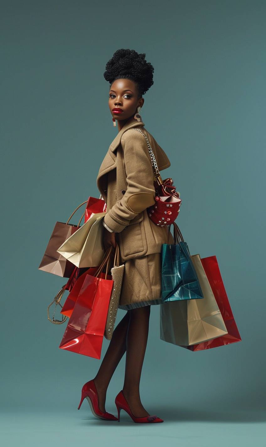 A hero image showing a glamorous, fashion-forward woman as a shopping addict. She is standing full, high heels and carrying an array of shopping bags, dressed in stylish and elegant clothing. The background is solid and minimalistic, ensuring plenty of space for text. Shot with a wide-angle lens to capture the entire scene.