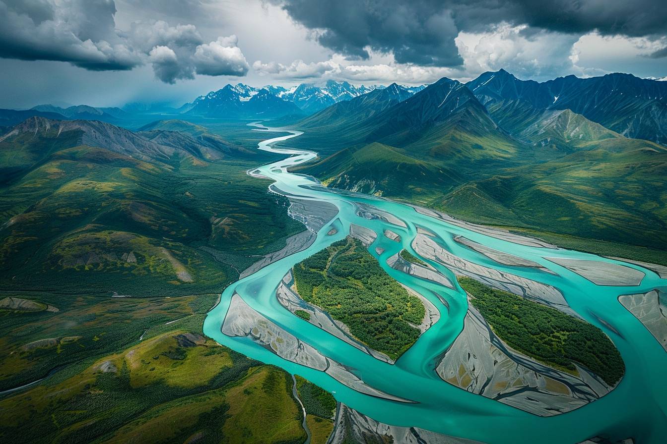 アラスカデナリの広大で未開発の荒野とターコイズの川の感動的な空撮映像