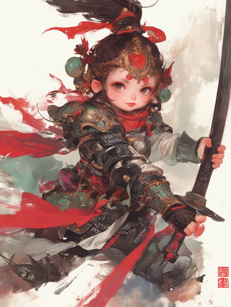 Tang Dynasty Little Girl, ancient Chinese cute cartoon soldier image, chubby style, Chinese ink light color, velvet brush strokes, light red and black, dotted with green, gesture marks, exaggerated comic expression, ultra-detailed details, minimalism