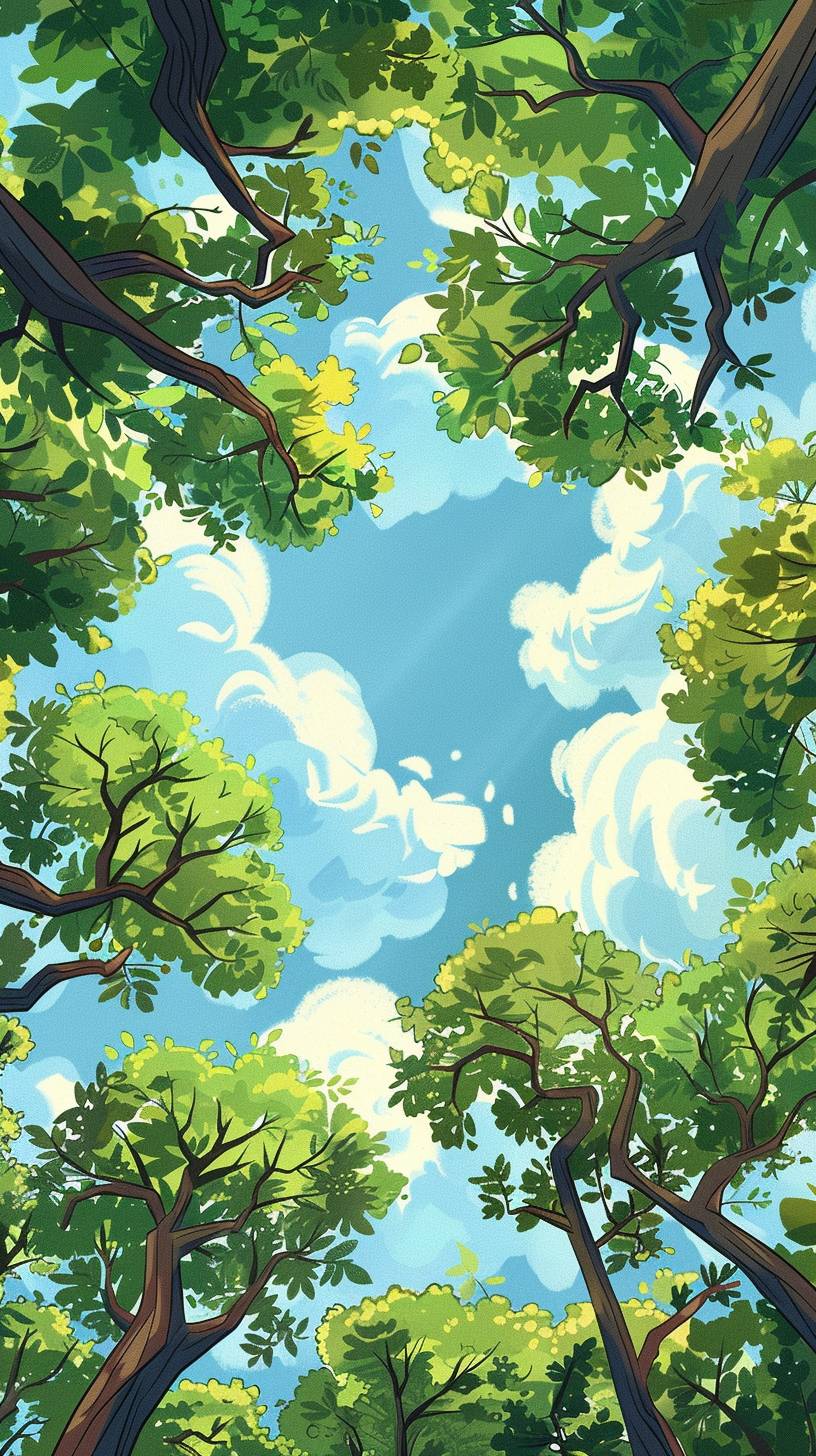 幼児向け絵本の挿絵スタイルで描かれたグリーン葉を持つ木々の空の景色、フラットカラー、広角レンズ使用