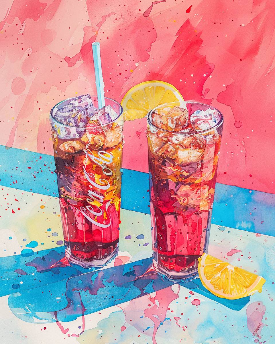 Flatlay food in the table, Coca-Cola, ice, summer, simple yet minimal kawaii drawing, clean background, hard-edged salt gouache, freestyle gestural art, warm bright pink and blue tones, romantic warm feeling artwork, cool color palette, Fauvism, naive childish illustration, cuteness overload