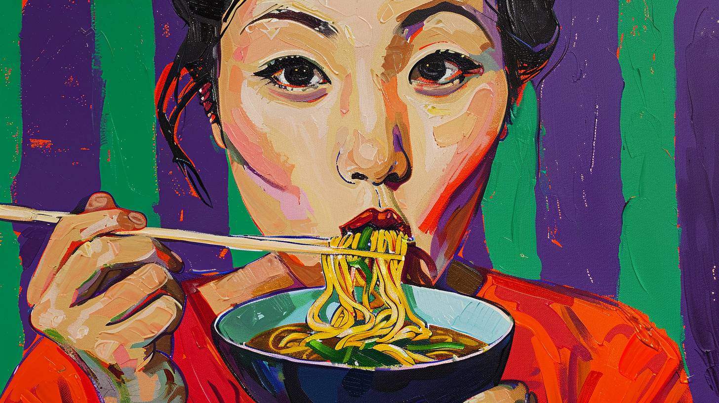 A woman is eating a bowl of ramen with Chinese chopsticks, with noodles in her mouth. The tablecloth is green and purple striped, in the style of Henri Matisse, with bright colors and a textured gouache technique.