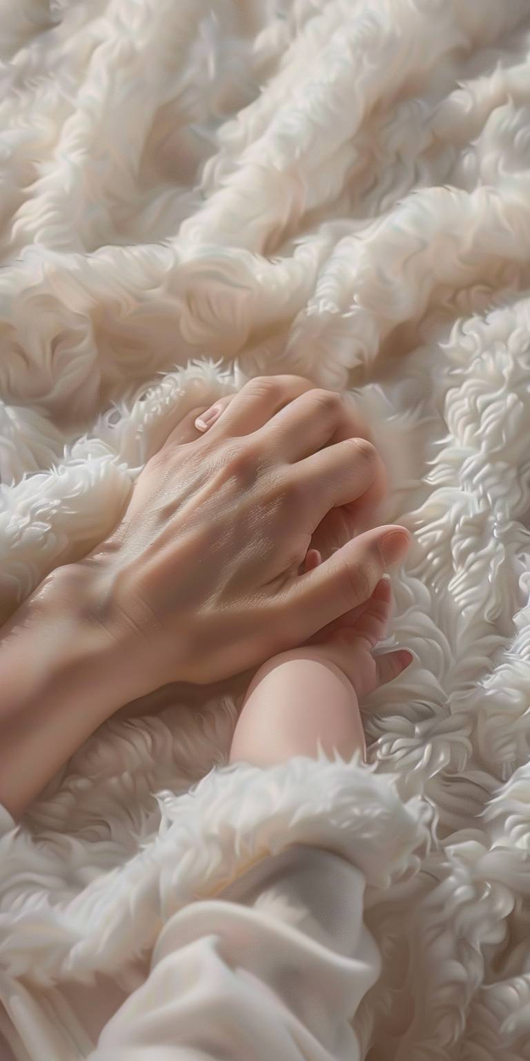 A picture of a mother and her baby holding hands. On a soft blanket. No human face shown. White light and white blanket. Photographed from above. High-quality intricate detail ultra-realistic 16K Photography. Captured with a Nikon D850, 18-55mm lens, f/4, natural light.