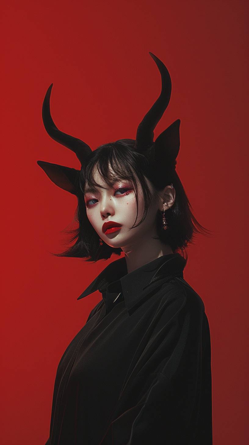 A Korean beautiful idol with horns and beautiful face, in a black outfit in the style of James Jean, against a flat red background, with cinematic lighting, in a minimalistic design, with dark contrast