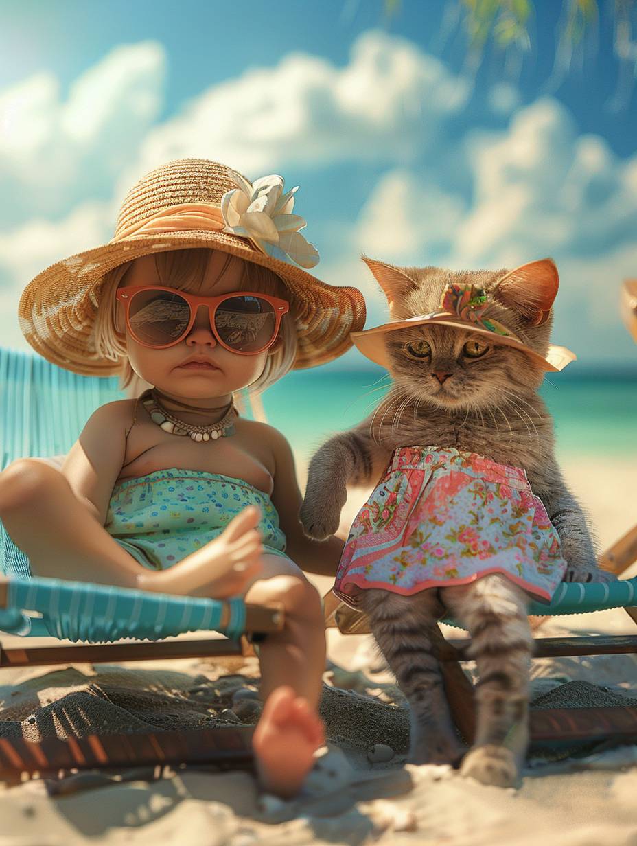 A cute female baby in beach pants and an anthropomorphic cat in a skirt, sitting on a chair, clean background, bright colors, cat wearing sun hat, sunglasses, seaside, beach, rich details, blurred background, distant view, 8k, front view