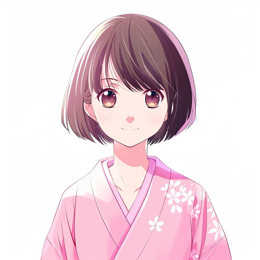 A girl with short hair, wearing a pink kimono, innocent girl, old anime style, white background, front view