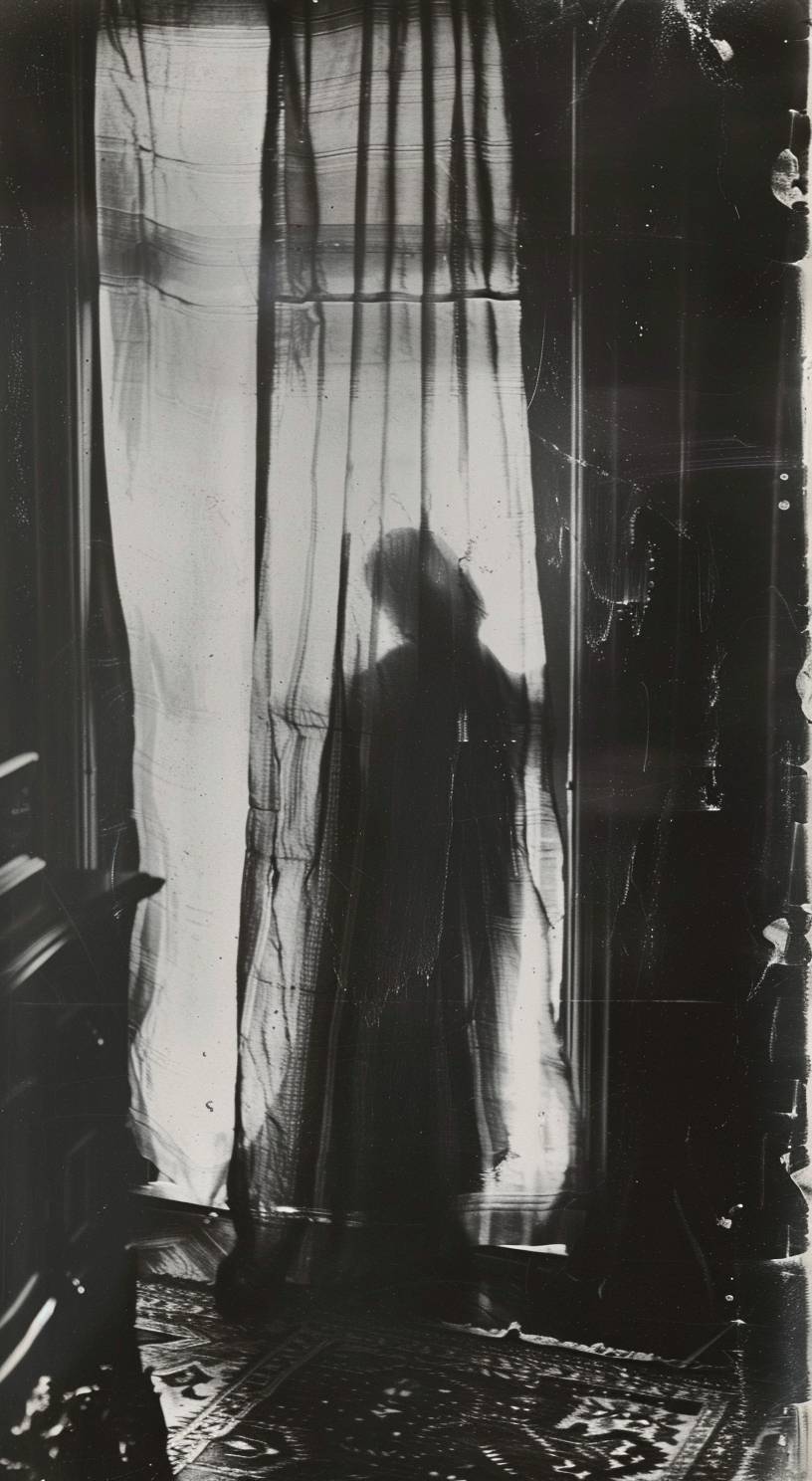 Accidental recording of ghost behind a curtain, 1920s photography, creepy horror scene, documentary archives