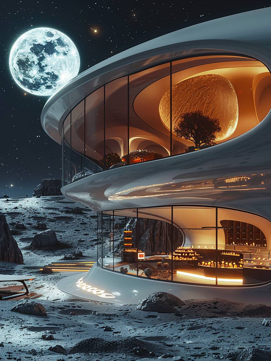 月面には、地球を背景にした原研哉がデザインした現代的な宝石店がオープンしました