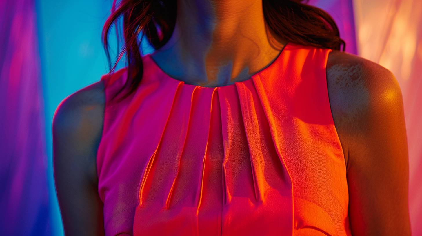 Close up fashion photo of a woman, evening dress, color blocking
