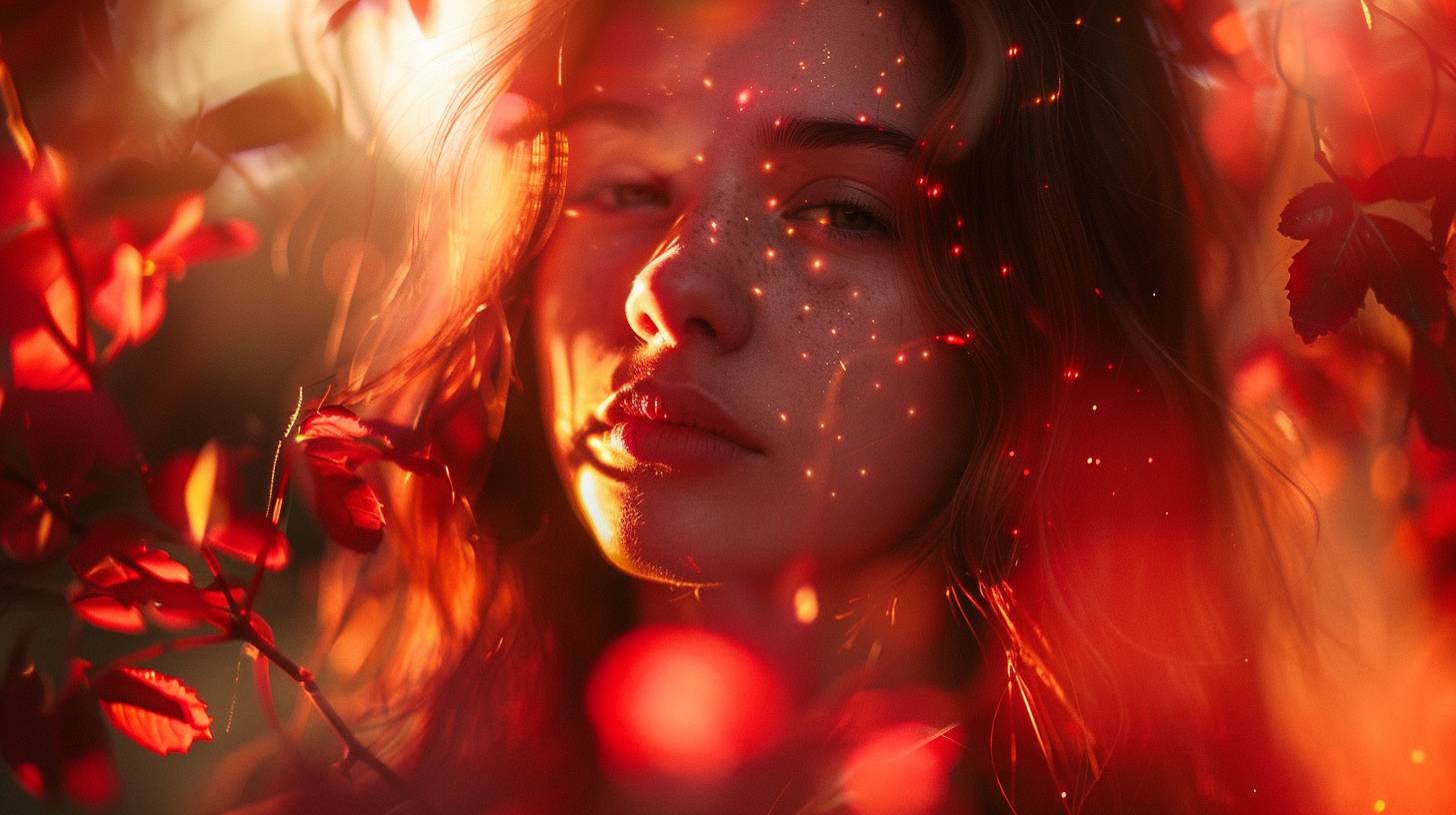 Ethereal glow of red hues that seem to melt into young stunning woman