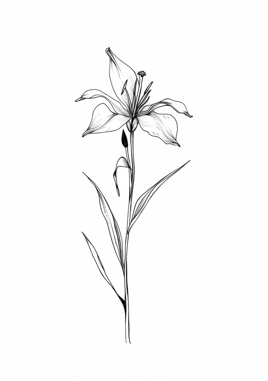 A single delicate flower tattoo design, outlined in thin black lines on a white background. The illustration features the silhouette of one small lily or daisy with its petals and stem, designed to be minimalistic yet elegant. This minimalist floral tattoo is suitable for a woman's skin, offering artistic expression while maintaining simplicity and beauty in the style of a minimalist artist.
