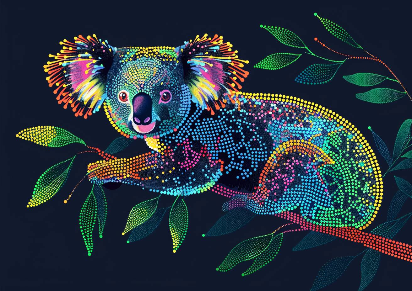 A vector illustration on a blank canvas, using green, pink, orange, and blue phosphor dots of varying sizes, forming a koala bear in a gum tree, eucalyptus leaves, negative space