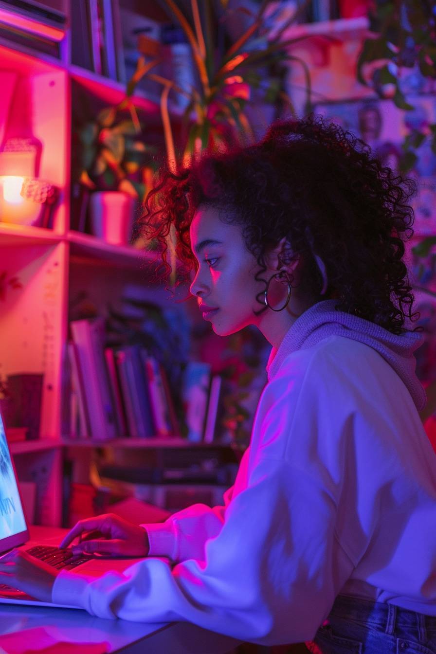 A desk, a laptop, a cute cartoon girl sitting in front of the computer, big eyes, exaggerated expression, doodle in the style of Keith Haring, sharpie illustration::1, bololines and solid colors, simple details, minimalist::1