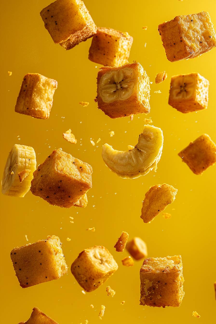 Marketing photography of croutons made of fried plantains floating in the air over a yellow studio background, studio photography
