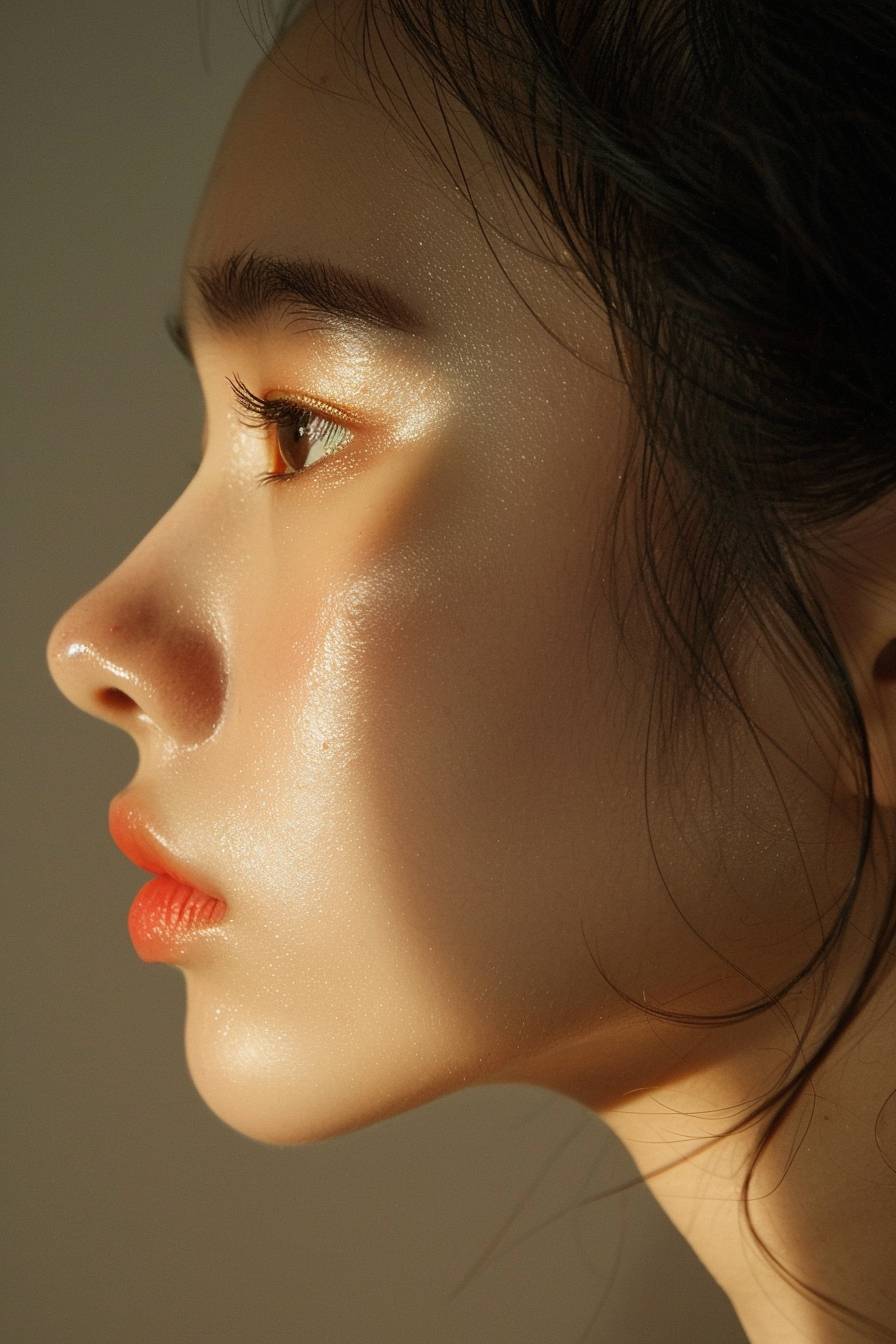 Close up of an asian woman's face, side profile, spot light only on the nose, beige background, back light, shadowplay, minimalism, beauty photography, high resolution, hyper realistic in the style of minimalism.