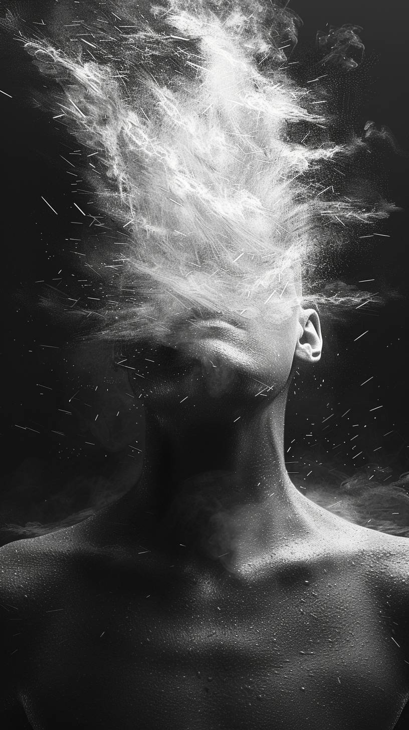 A black and white surrealist image of watching straight to the camera. The figure's head is enveloped in an explosion of light or sparks, creating an ethereal and abstract effect. The background is dark and minimalist, highlighting the surreal, almost otherworldly nature of the illuminated head. The body of the figure is shadowed, blending into the darkness, with a few streaks of light providing subtle highlights. The overall mood is mysterious and abstract, with a focus on the striking contrast between light and dark.