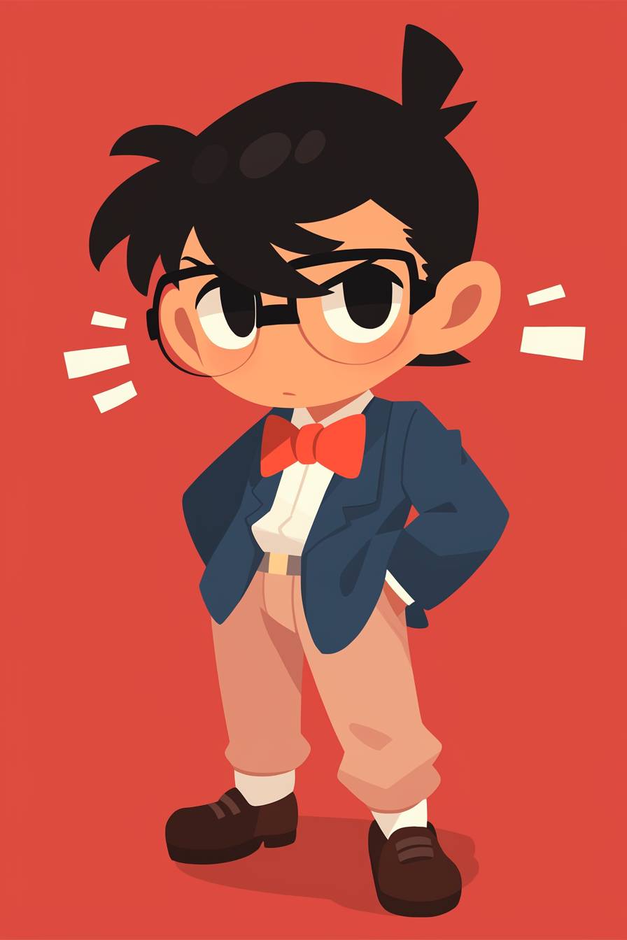 A simple drawing of Detective Conan, in the style of Allie Brosh with simple lines, flat colors and a stick figure, minimalistic, simple background