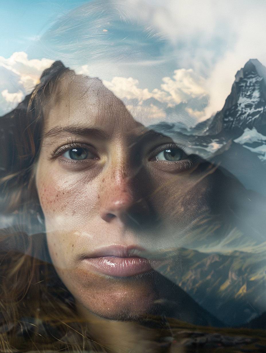 Headshot of a woman looking directly at the camera and double exposure of a panoramic scene of majestic mountains, detailed and textured.