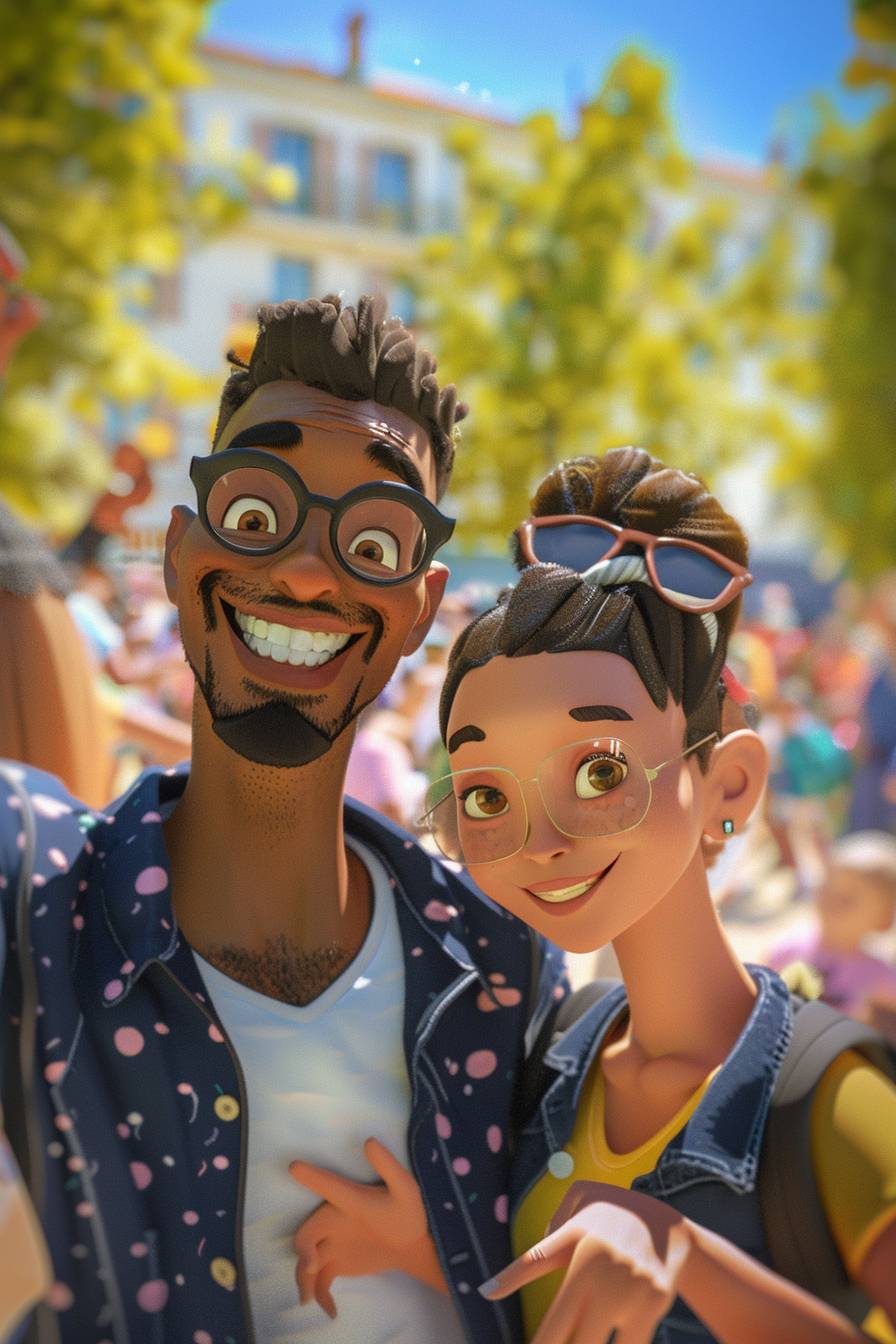 A Pixar-style illustration of two happy, dynamic adult friends smiling and pointing at the camera with eye contact, in a sunny schoolyard during an annual fair. The man is black and the woman is white. The background depicts a slightly blurred schoolyard filled with joyful families and children. Tall trees and fences surround the schoolyard, with a school building from the 1990s in northern France visible in the background. The illustration features bright, vibrant colors with soft lighting and a cheerful atmosphere. It was created using digital painting techniques, incorporating soft shading, high contrast, cartoon-like details, and the influence of Pixar films. The result is a high-definition artwork with a natural look and a playful mood.