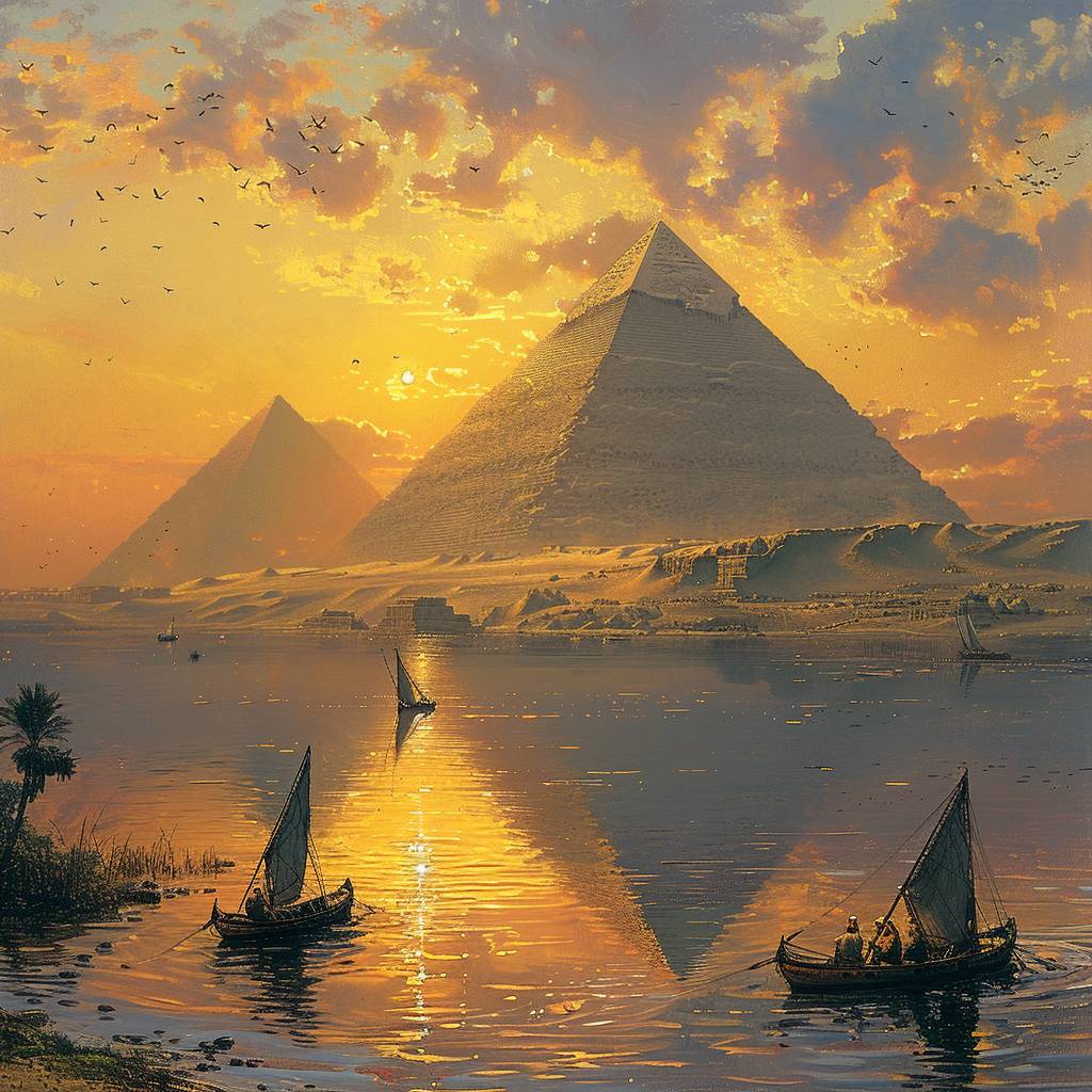 A tranquil morning in ancient Egypt with the sun rising over the pyramids, casting a golden glow on the desert sands, and the Nile River sparkling under the first light of day as fishermen prepare their boats.