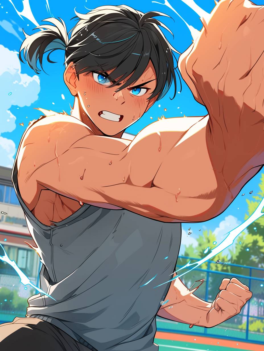 A 22-year-old handsome boy with a short black ponytail, blue eyes, wearing a grey sleeveless vest, throwing a fierce punch, with the school campus playground in the background. The illustration is in a Japanese manga style with electrifying and dynamic details, captured in high resolution for a crisp and high-quality image. --no backpack --ar 3:4 --niji 6