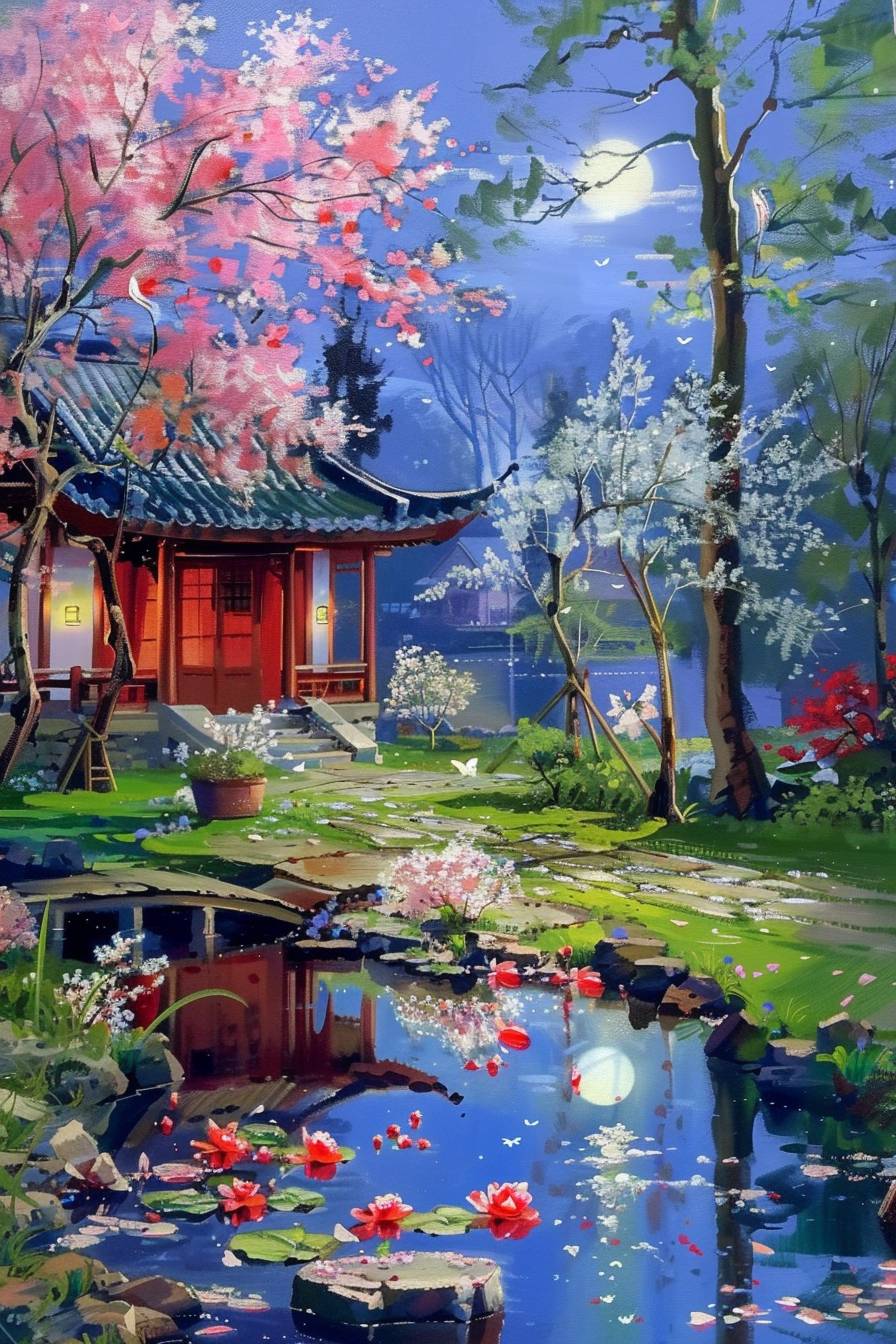 静かな月明かりの庭には桜の木、静かな池、伝統的な日本の茶室が背景にあります。