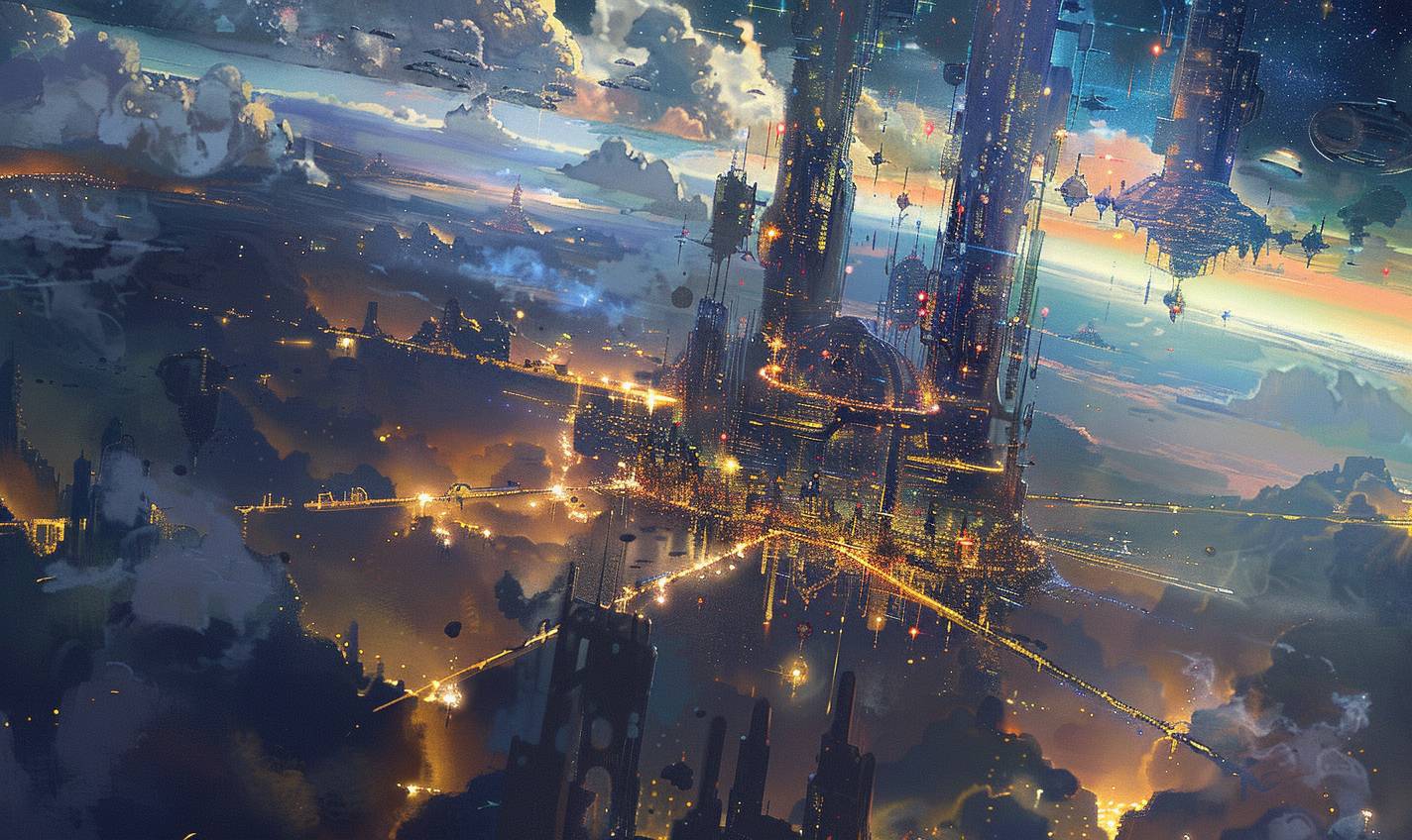 In the style of Krenz Cushart, a celestial city floating among the stars