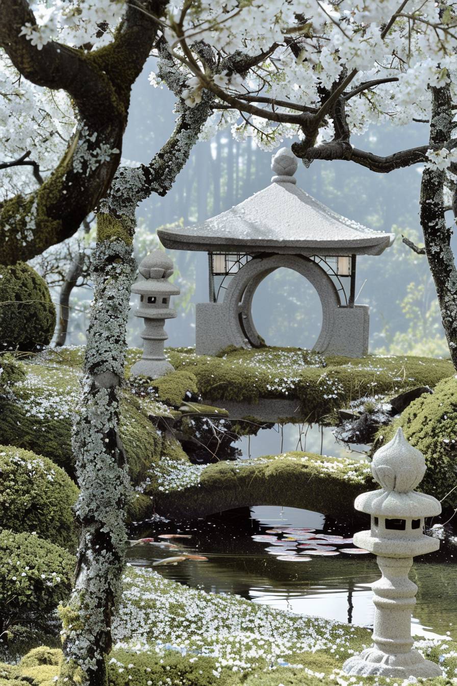 A serene Japanese garden with cherry blossoms in full bloom, stone lanterns, and a small pond with koi fish, soft sunlight filtering through the trees