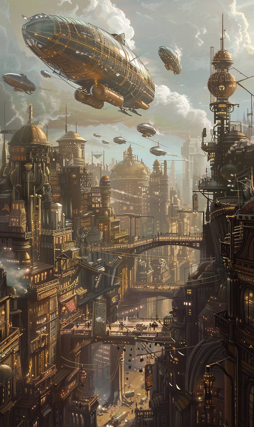 In the style of Hajime Sorayama, a steampunk cityscape with flying airships --ar 3:5 --v 6.0