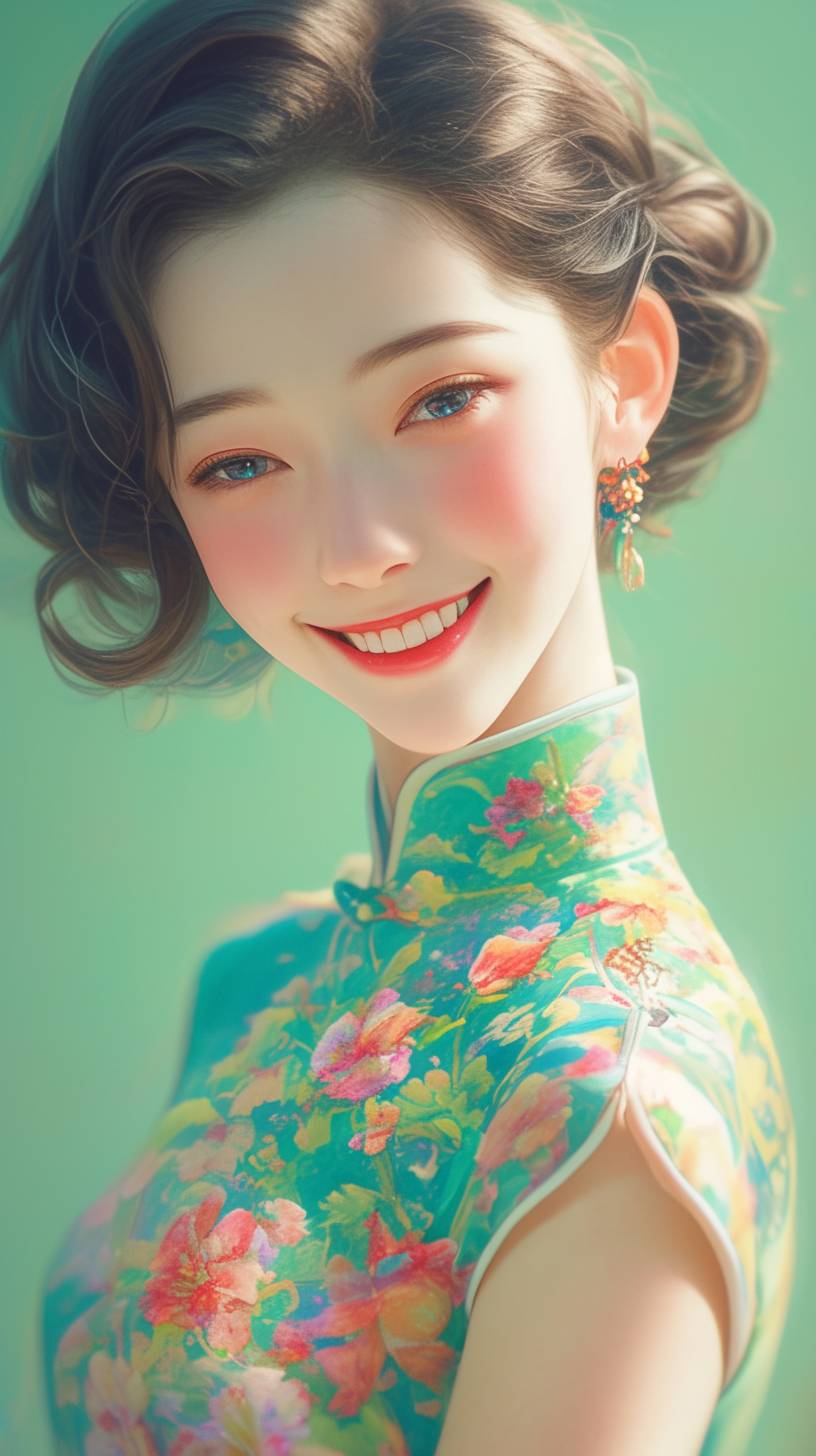 Chinese girl, dress, full-body shot, real photography, smile, short hair, UHD, 6k, portrait, smiling, vibrant colors, professional photograph, playful, lively, energetic, happy, traditional clothing, traditional Chinese dress, modern twist, contemporary fashion, Asian beauty, youthful, carefree, joyful::1 glasses, frowning, dark, gloomy::-0.5