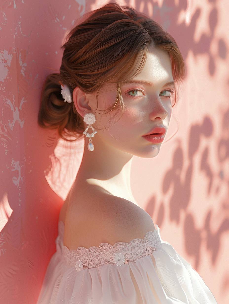 A beautiful girl with light brown hair, wearing earrings and a white dress, leaning against a wall painted in pink-red tones, looking at the camera, half-body portrait, digital art style, ultra-realistic illustration, pastel colors, soft lighting, close-up, high resolution, hyperrealistic