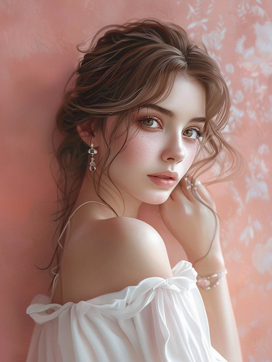 A beautiful girl with light brown hair, wearing earrings and white dress, leaning against the wall painted in pink red tones, looking at camera, half body portrait, digital art style, ultra realistic illustration, pastel colors, soft lighting, closeup, high resolution, hyperrealistic