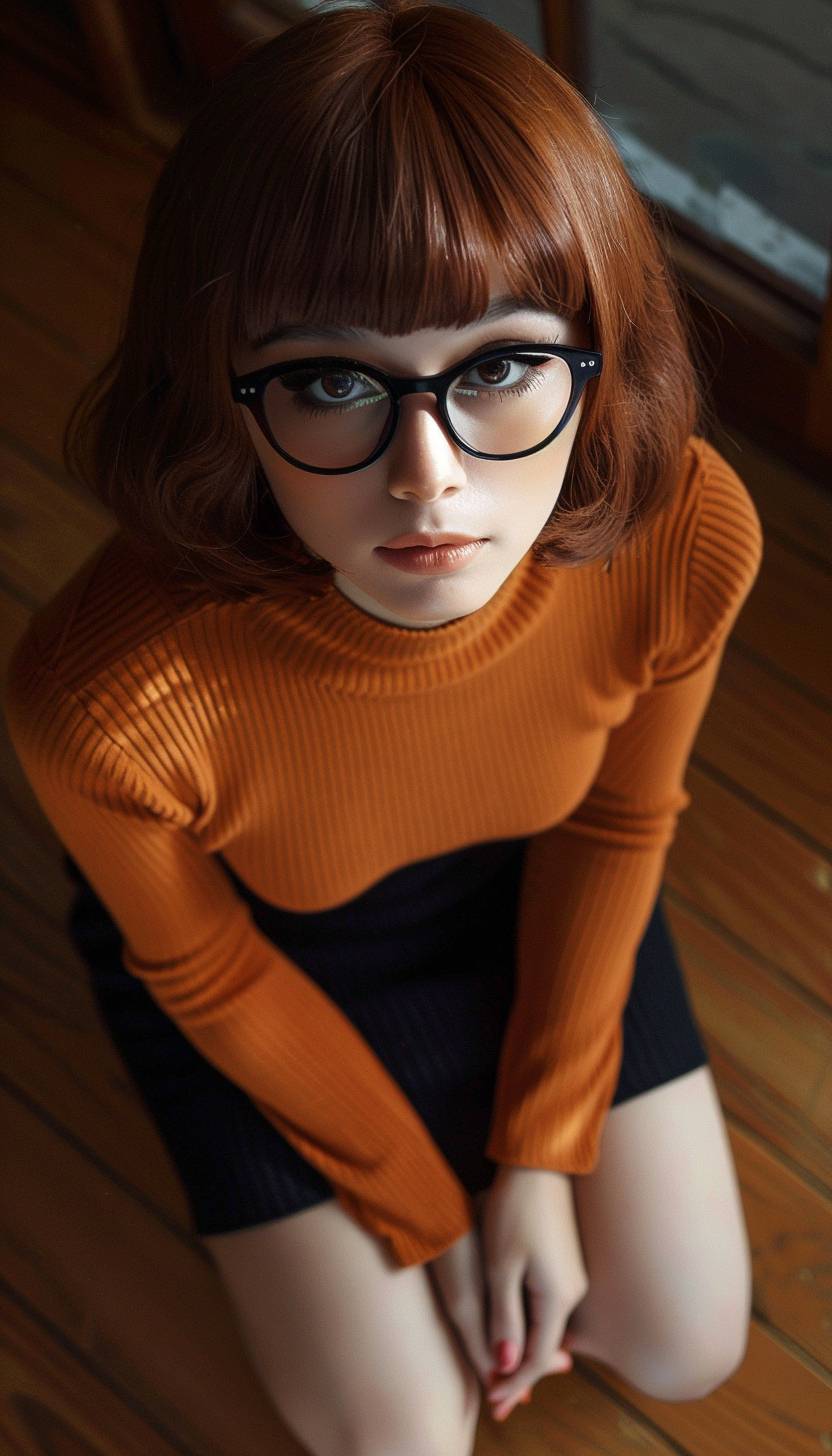 Extreme high angle shot of Velma Dinkley, on her knees, looking at the camera, wearing black glasses sweater and skirt, neutral face, anime style